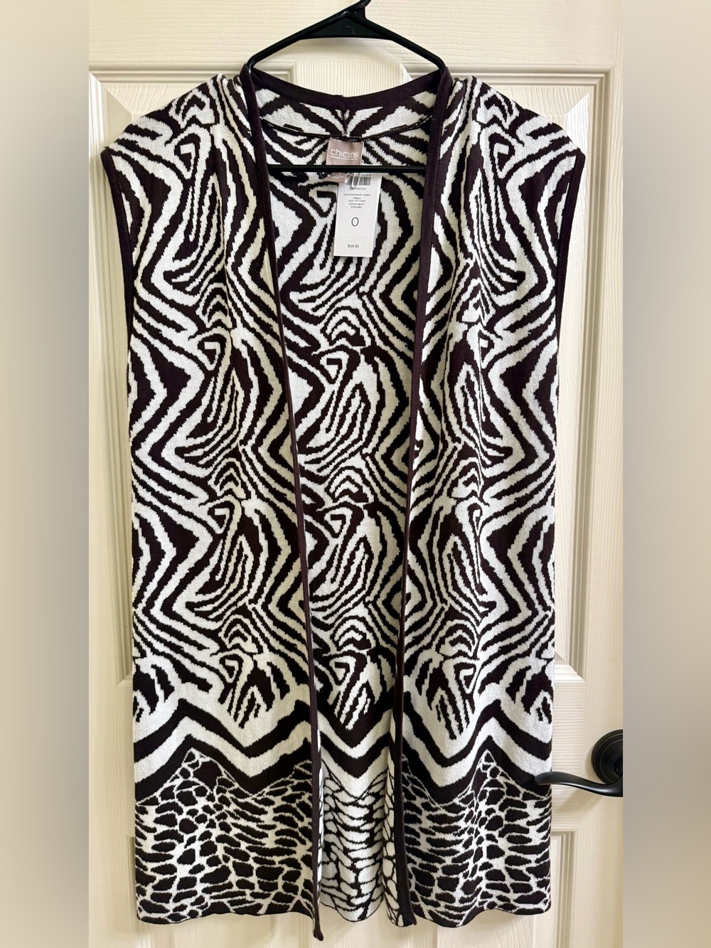 Chico’s Maggie Sleeveless Open Front Animal Print Sweater